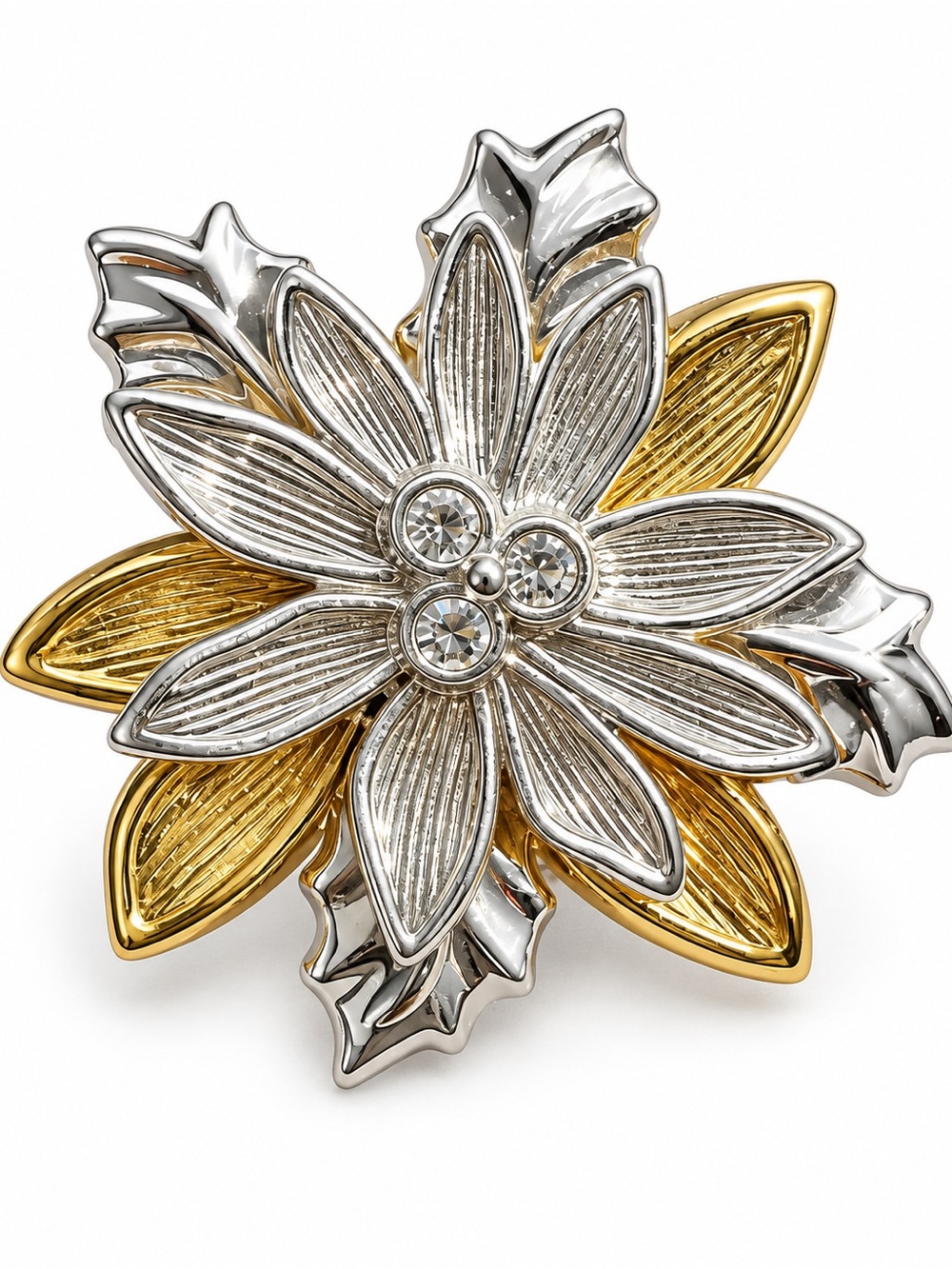Vintage BEST Two-Tone Floral Brooch Pendant Rhinestone Flower Pin 2”